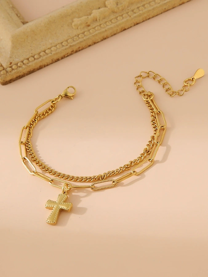 Cross Four Leaf Clover Butterfly Bracelet [304 Stainless Steel,18K Gold Plated]