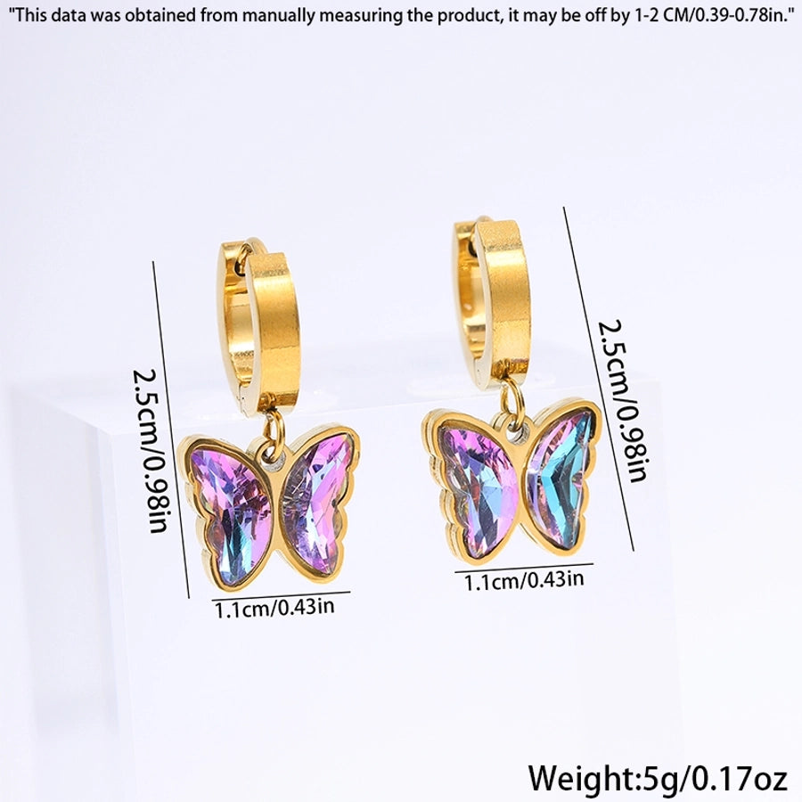 Boucles d'oreilles de fleurs de papillon en pierre violette [304 en acier inoxydable]