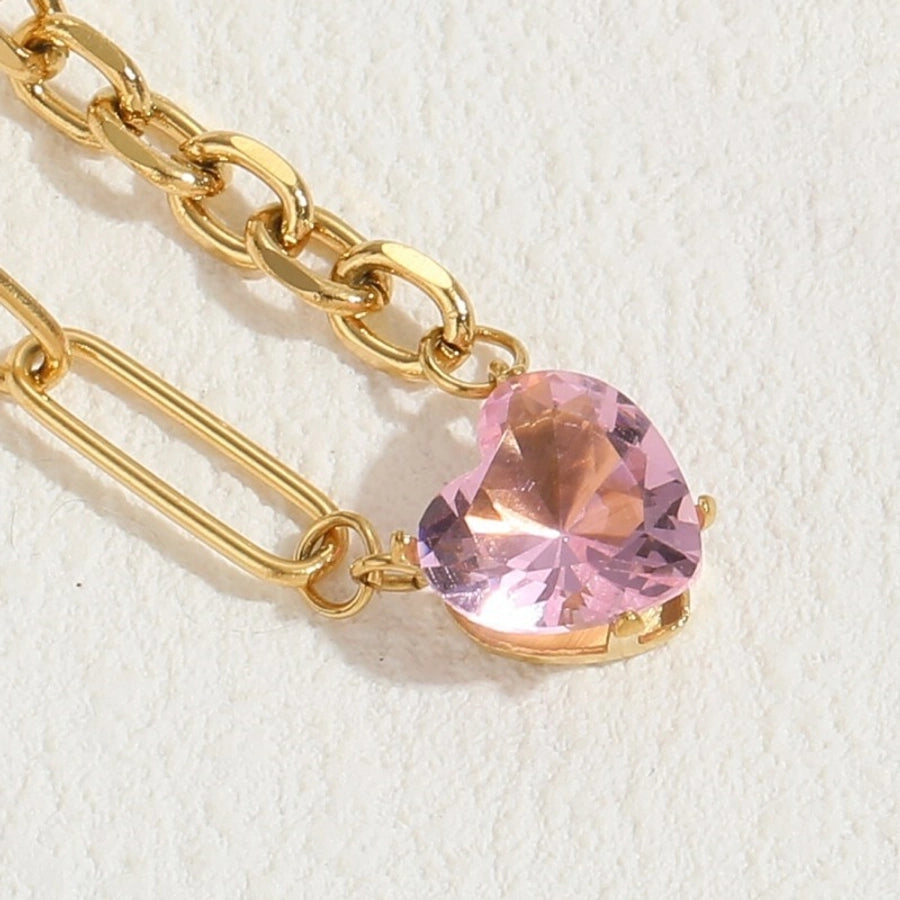 Pink Heart Shape Necklace [304 Stainless Steel,14K Gold Plated]