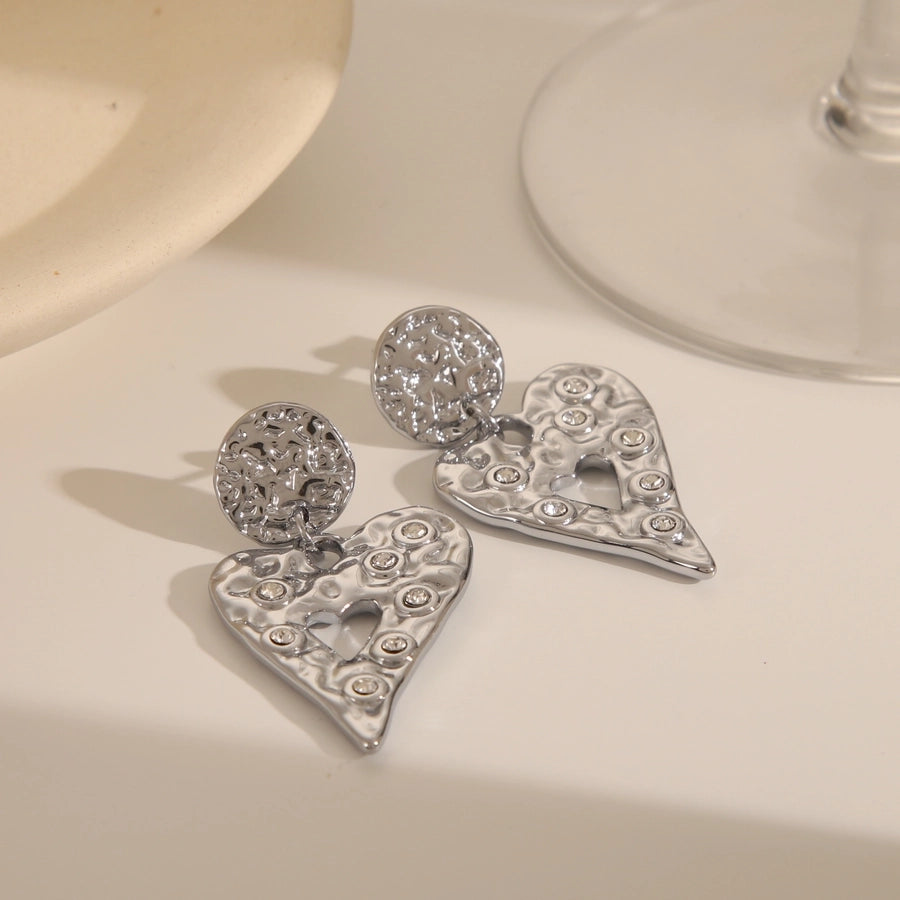 Heart Shape Zircon Drop Earrings [304 Stainless Steel, 18K Gold Plated]