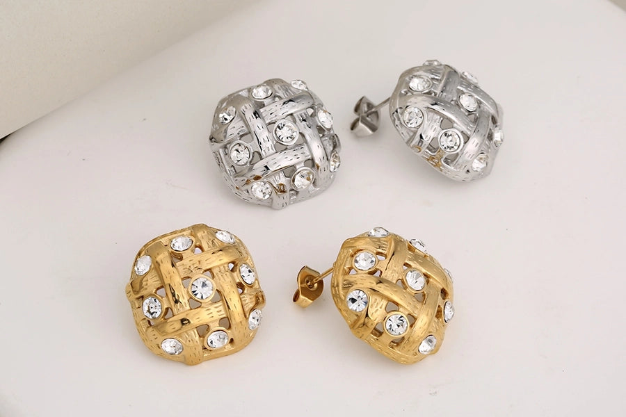 Luxurious Square Grid Rhinestone Earrings [304 Stainless Steel,18K Gold Plated]