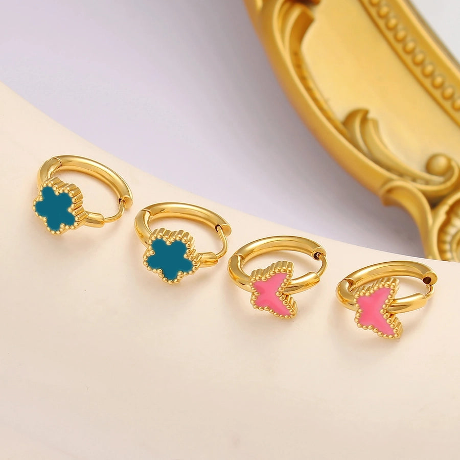 Blue Pink Flower Butterfly Enamel Earrings [304,316 Stainless Steel,18K Gold Plated]