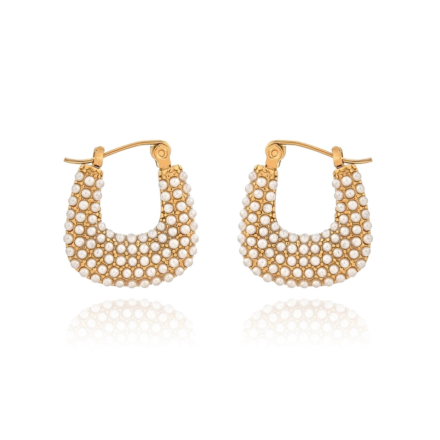 Square Hoop Pearl Earrings [304 Stainless Steel,18K Gold Plated]