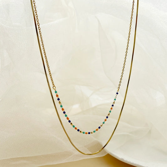 Colorful Beads Layered Necklace [304 Stainless Steel,18K Gold Plated]