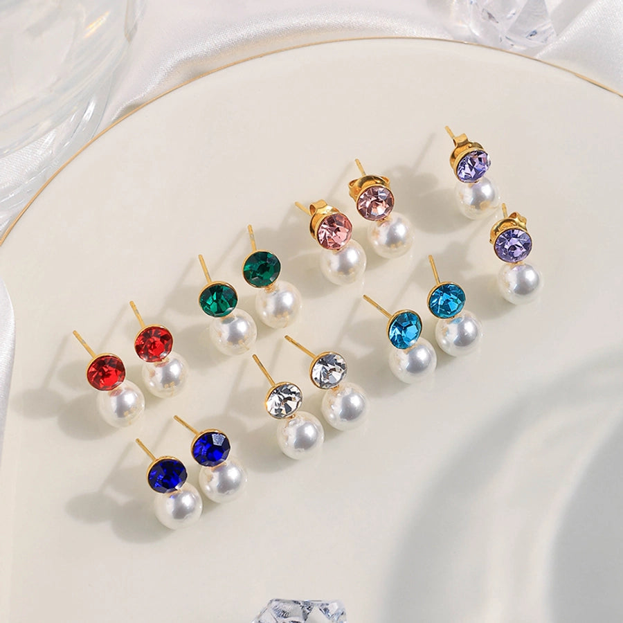 Pearl Zircon Ear Studs [304 Stainless Steel,14K Gold Plated]