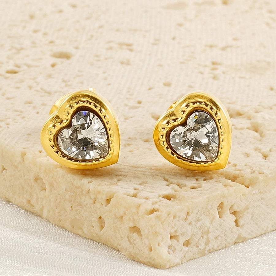 Heart Shape Artificial Rhinestones Earrings [304 Stainless Steel, 18K Gold Plated]