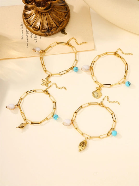 Beach Shell Starfish Chain Bracelets [304 Stainless Stee,18K Gold Plated]