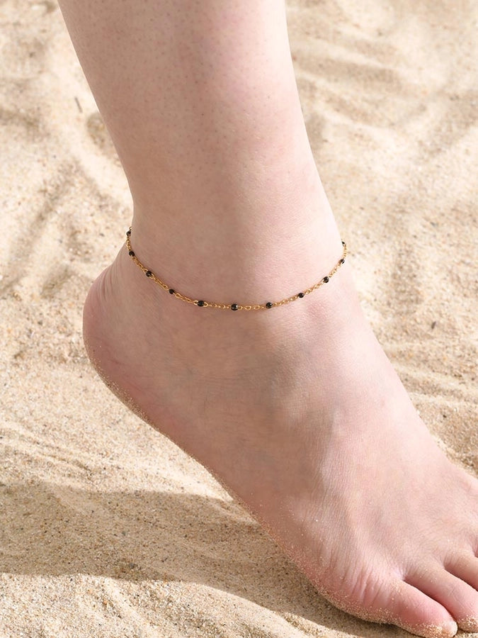 Black Beads Anklet [201 Rustfritt stål, 18K gullbelagt]