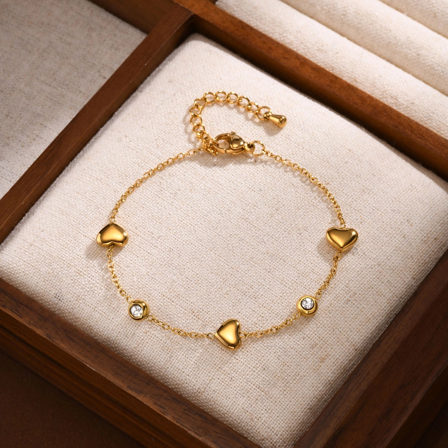 Heart Shape Zircon Bracelet [201 Stainless Steel, 18K Gold Plated]