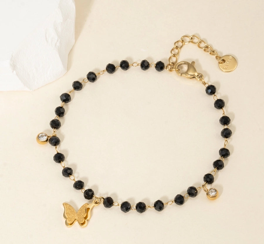 Black Beads Chain Bracelets[304 Stainless Steel, 14K Gold Plated]