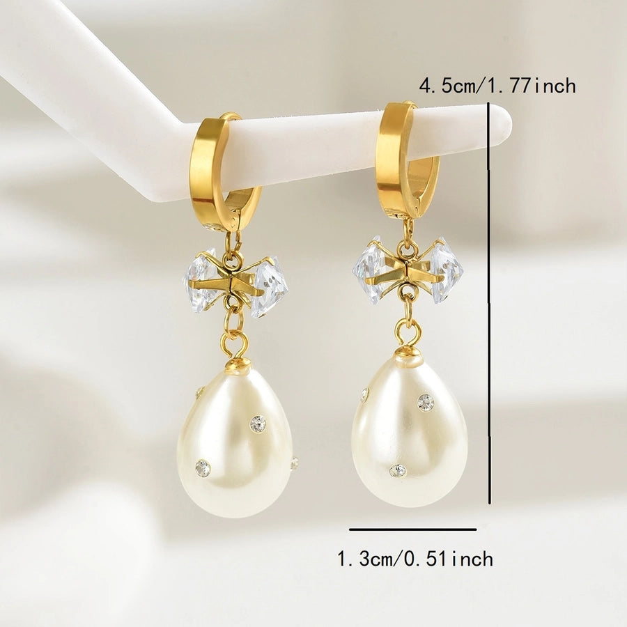 Square Water Droplets Artificial Pearls Zircon Drop Earrings [201 Stainless Steel,18K Gold Plated]