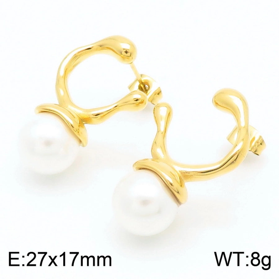 Round Pearl Drop Earrings [304 Stainless Steel,18K Gold Plated]