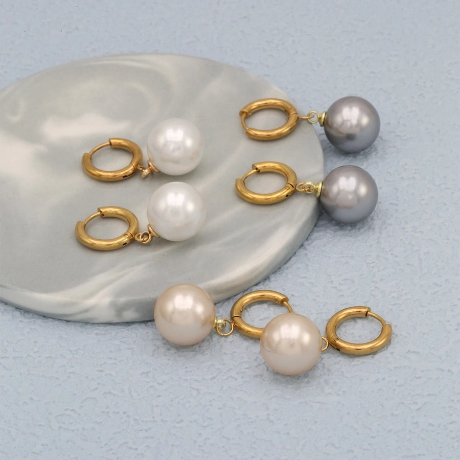 Drop Round Pearl Earrings [304 Stainless Steel, 18K Gold Plated]