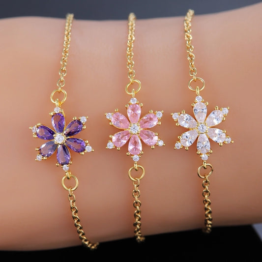 Pulsera de circón de flores brillantes [304 acero inoxidable, 18k de oro chapado, cobre]