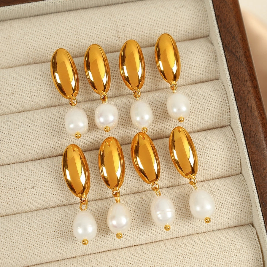 Freshwater Pearl Oval Drop Earrings [304 Stainless Steel,18K Gold Plated]