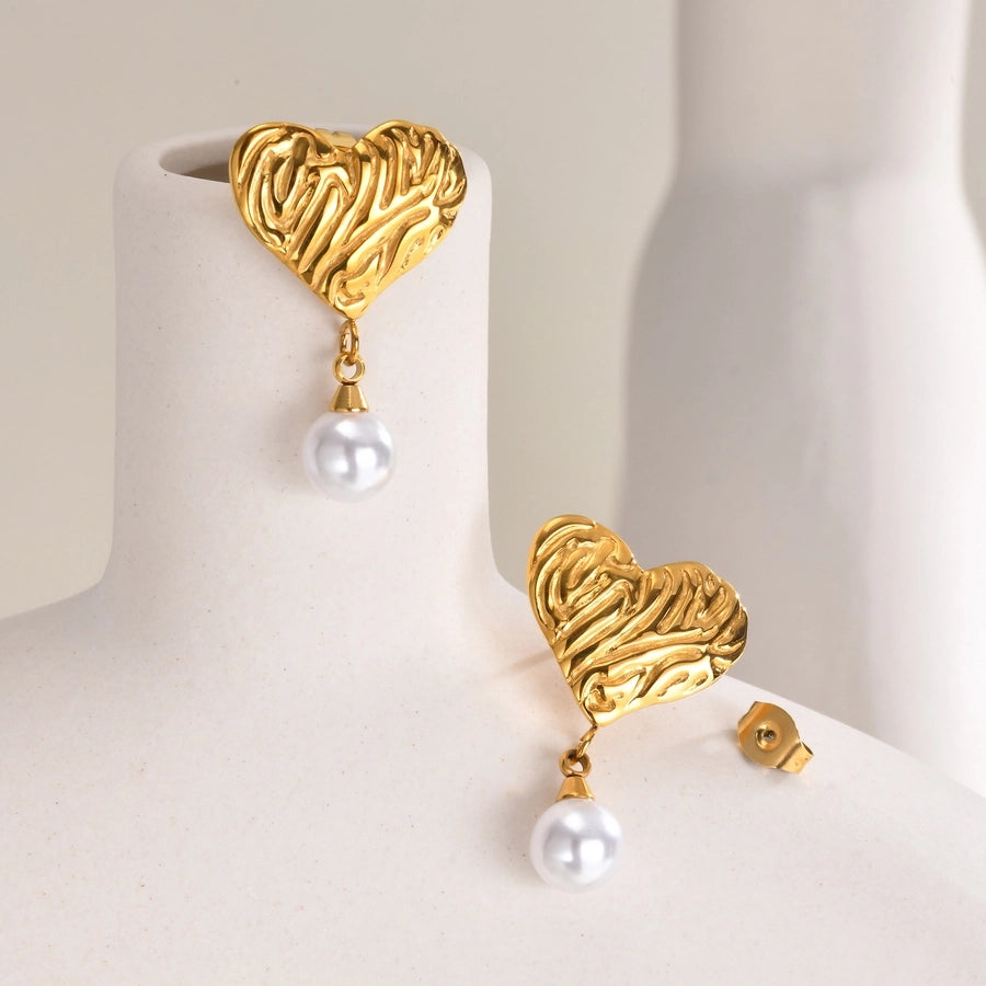 Heart Shape Artificial Pearls Earrings [201 Stainless Steel,18K Gold Plated]