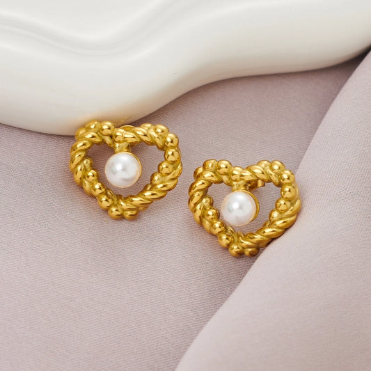 Sweet Heart Shape Pearl Twist Earrings [304 Stainless Steel,18K Gold Plated]