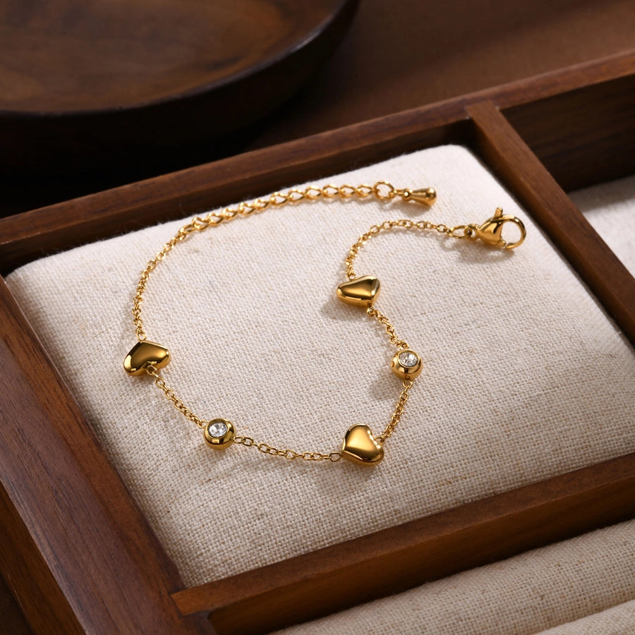 Heart Shape Zircon Bracelet [201 Stainless Steel, 18K Gold Plated]