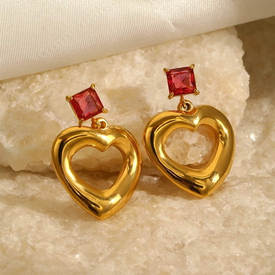 Red Rhinestone Heart Shape Earrings [304 Stainless Steel,18K Gold Plated]