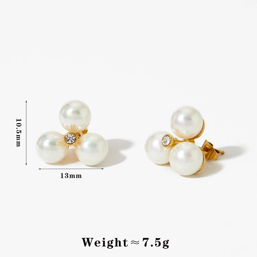 Three Pearl Earrings [304 Stainless Steel,16K Gold Plated]