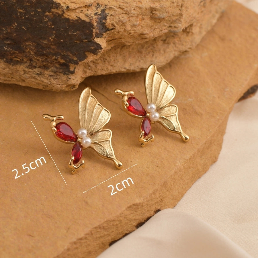 Shiny Stones Butterfly Earrings [304 Stainless Steel,18K Gold Plated]