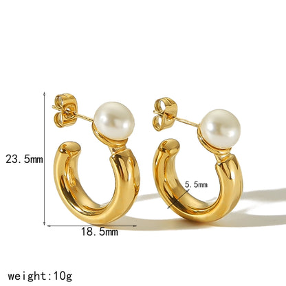 C Shape Polishing Pearl Earrings [304 Stainless Steel,18K Gold Plated]