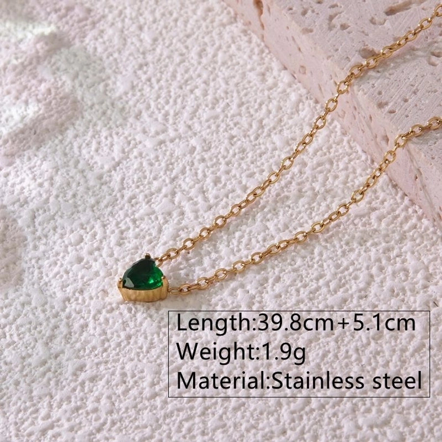 Heart Shape Rhinestones Birthstone Necklace [304 Stainless Steel,18K Gold Plated]