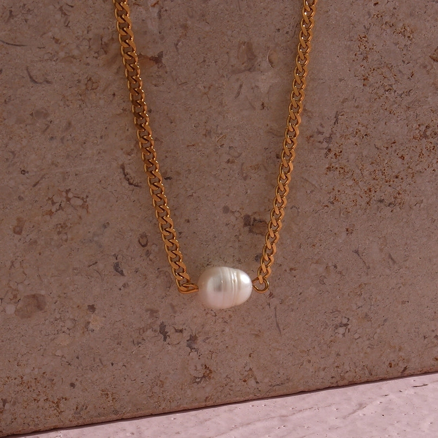 Cuban Link Pearl Necklace [304 Stainless Steel,18K Gold Plated]