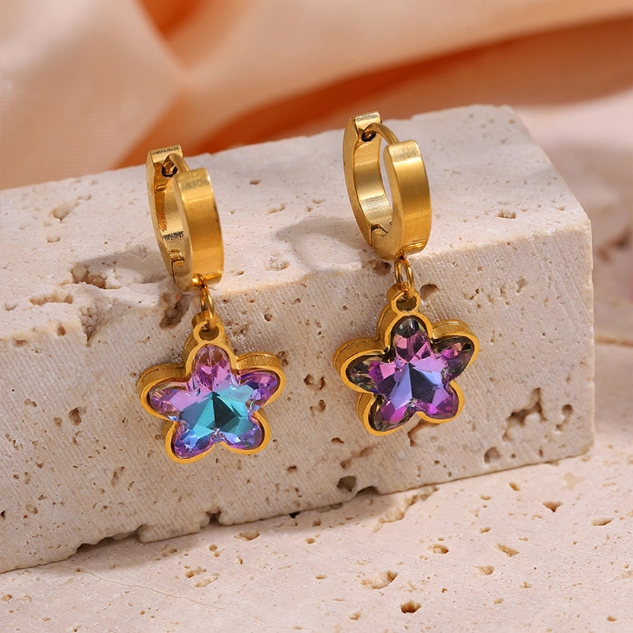 Purple Stone Butterfly Heart Flower Earrings [304 Stainless Steel]