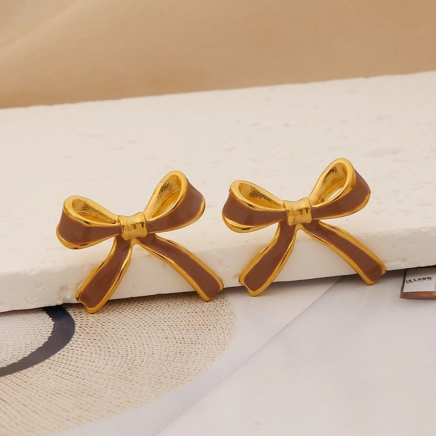 Bow Knot Enamel Ear Studs [304 Stainless Steel,18K Gold Plated]