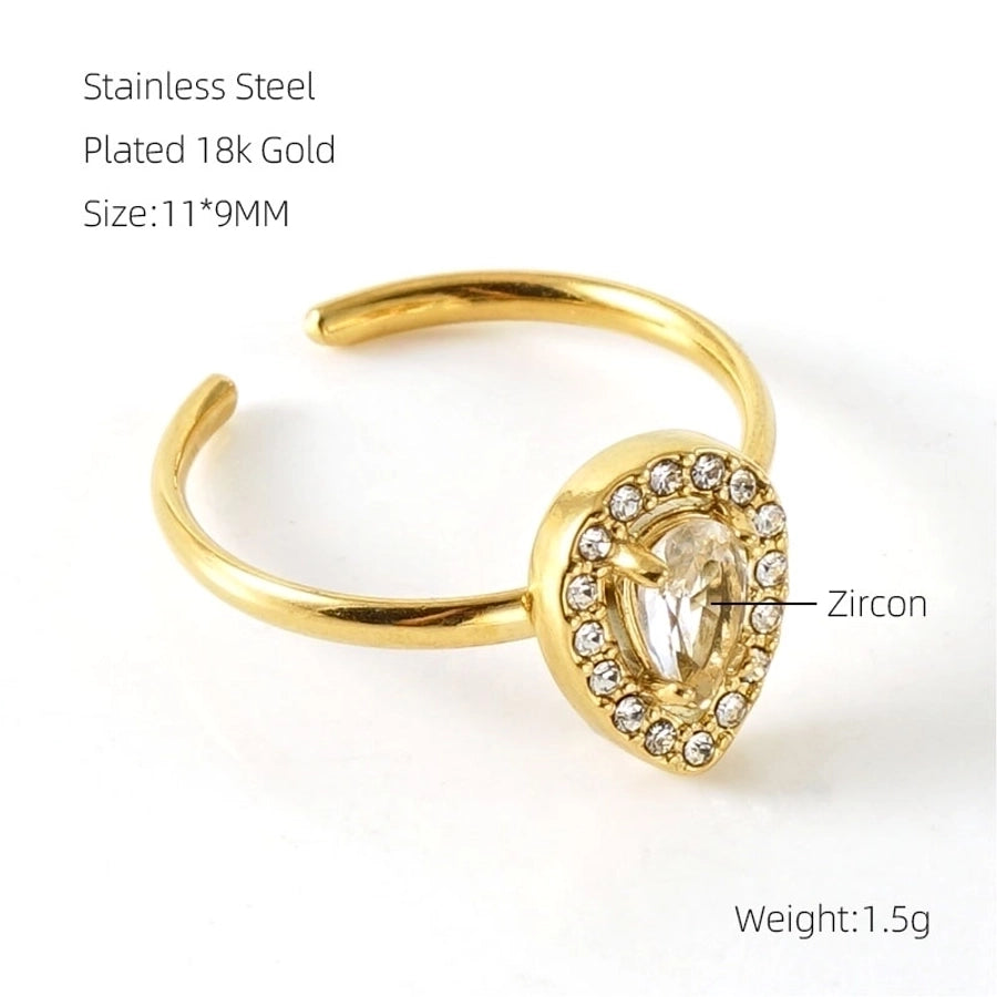 Shiny  Square Water Droplets Heart Shape Zircon Open Ring [Stainless Steel 18K Gold Plated]