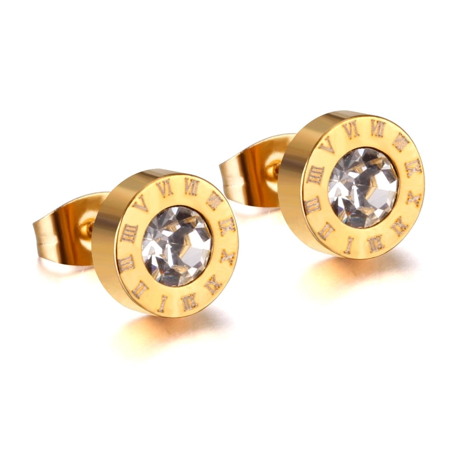 Round Zircon Roman Stud Earrings [Stainless Steel]