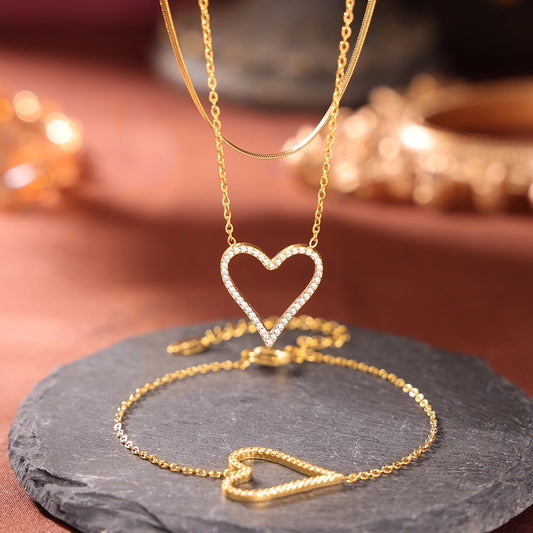 Heart Shape Zircon Bracelet/Necklace [304 Stainless Steel, 18K Gold Plated]