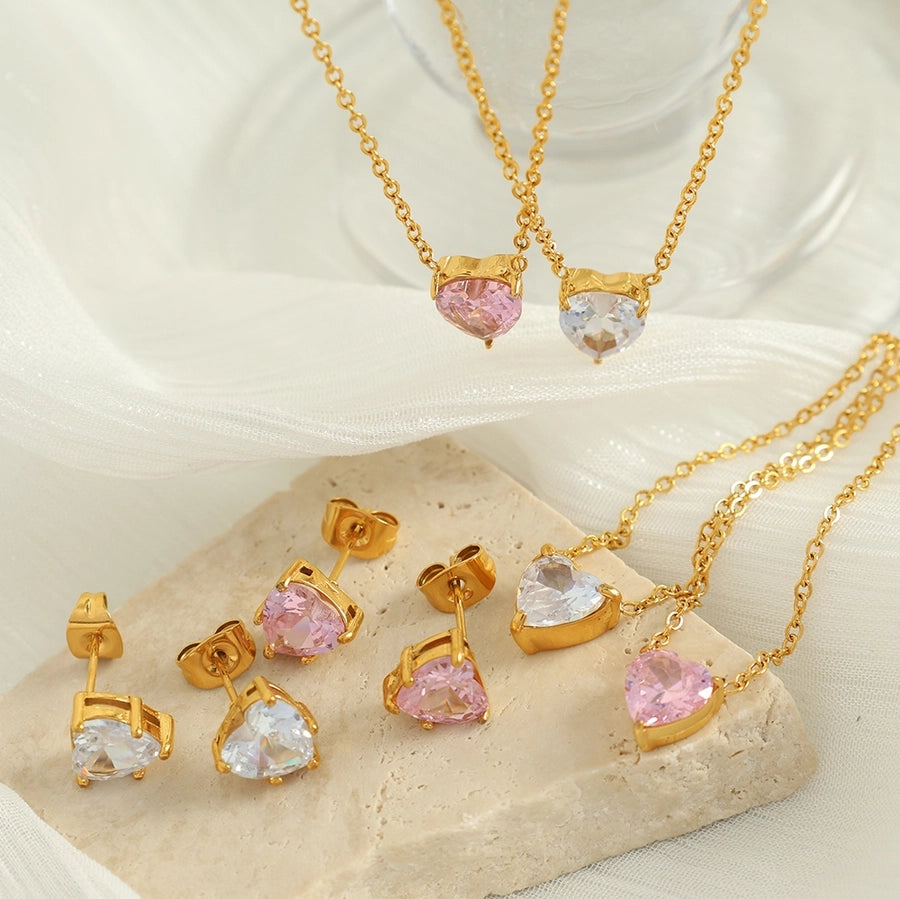 Pink White Zircon Heart Earrings/Necklace [304 Stainless Steel, 18K Gold Plated]