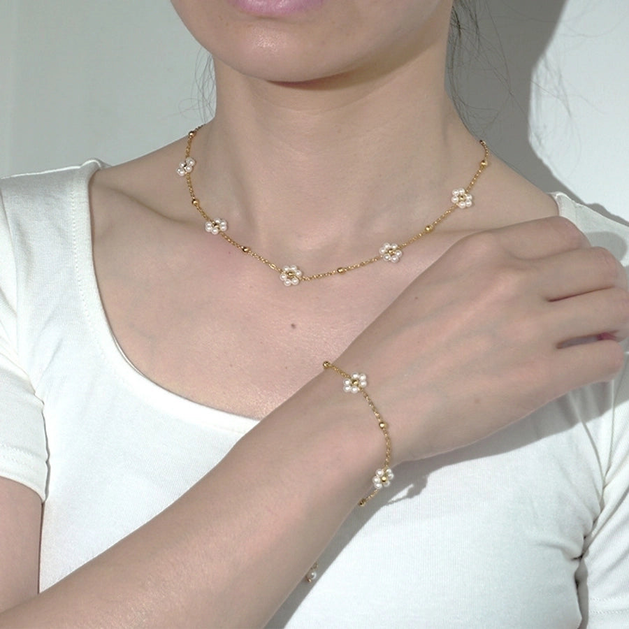 White Flower Necklace/Bracelet [304 Stainless Steel,18K Gold Plated]