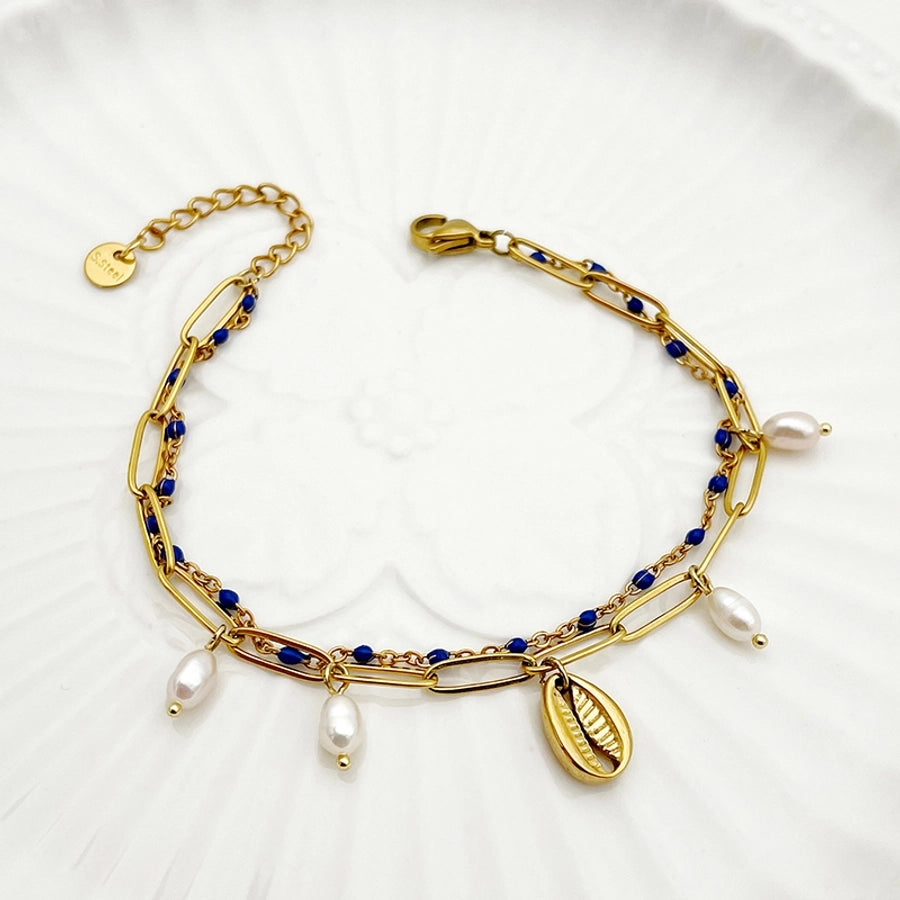 Beach Shell Freshwater Pearl Bracelets [304 Stainless Steel, 14K Gold Plated]