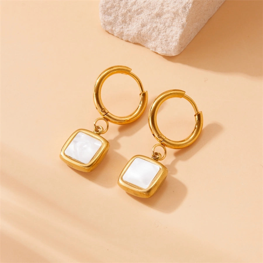 Square Oval Shell Drop Earrings [304 Stainless Steel,18K Gold Plated]