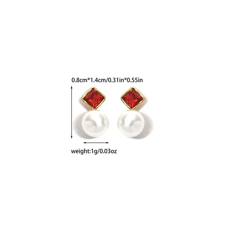 Rhombus Zircon Pearl Earrings [304 Stainless Steel,14K Gold Plated]