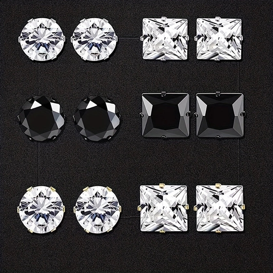 Round Square Rhinestone Stud Earrings [304 Stainless Steel 18K Gold Plated]