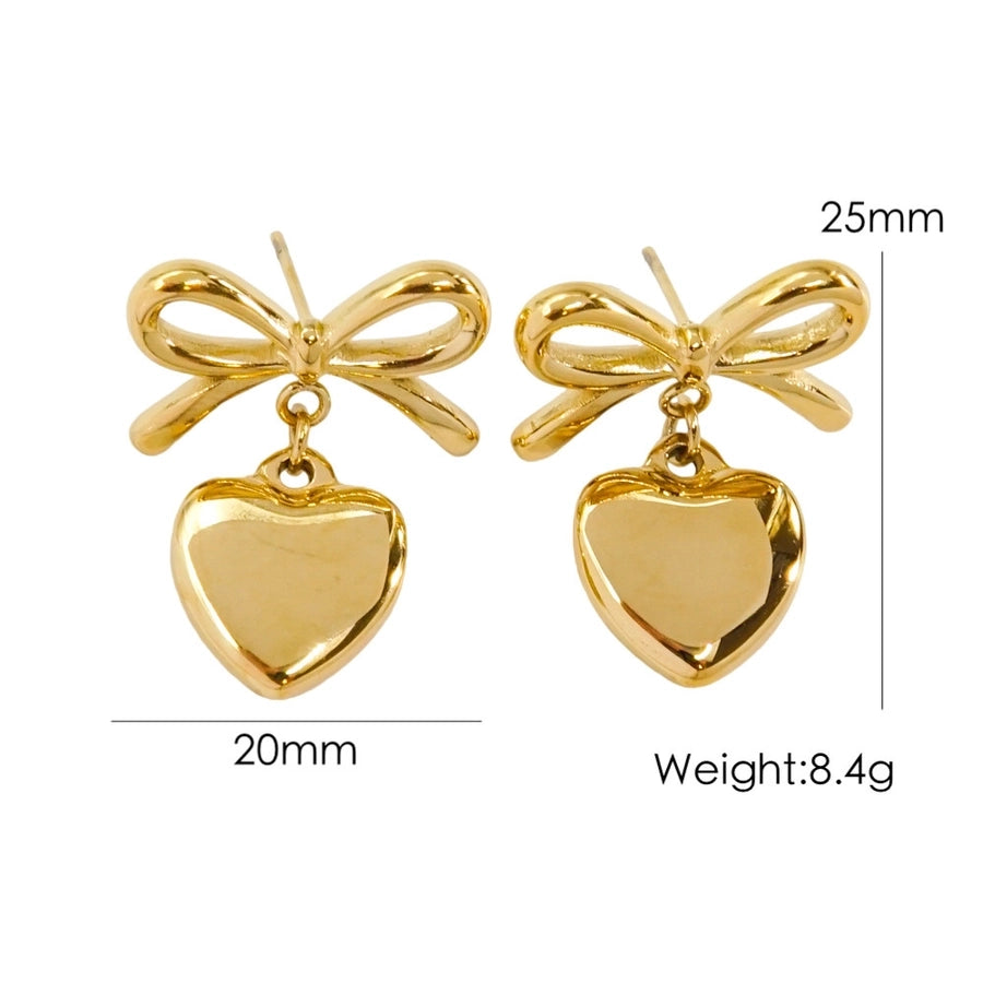 Heart Shape Bow Knot Earrings [304 Stainless Steel,14K Gold Plated]