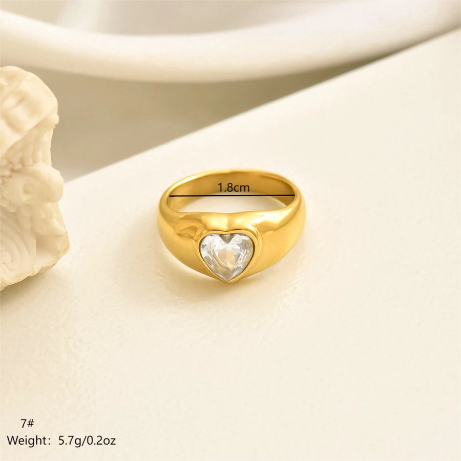 Heart Shape Zircon Ring [304 Stainless Steel, 14K Gold Plated]