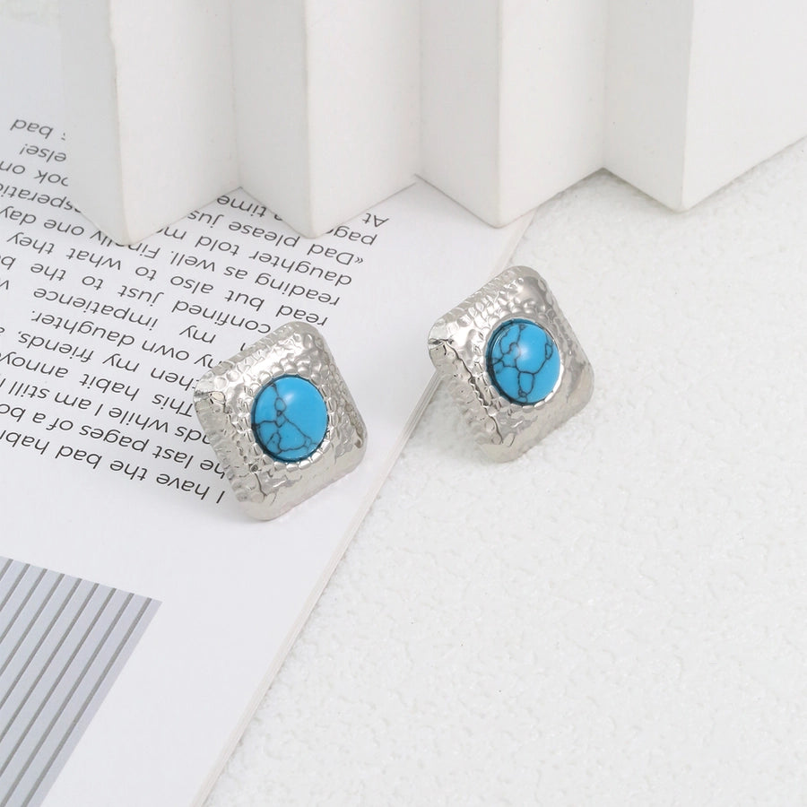 Square Natural Stone Ear Studs [304 Stal nierdzewna, 18 -karatowy złota]