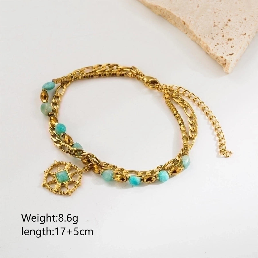 Natural Stone Beaded Bracelets [304 Stainless Steel,18K Gold Plated]