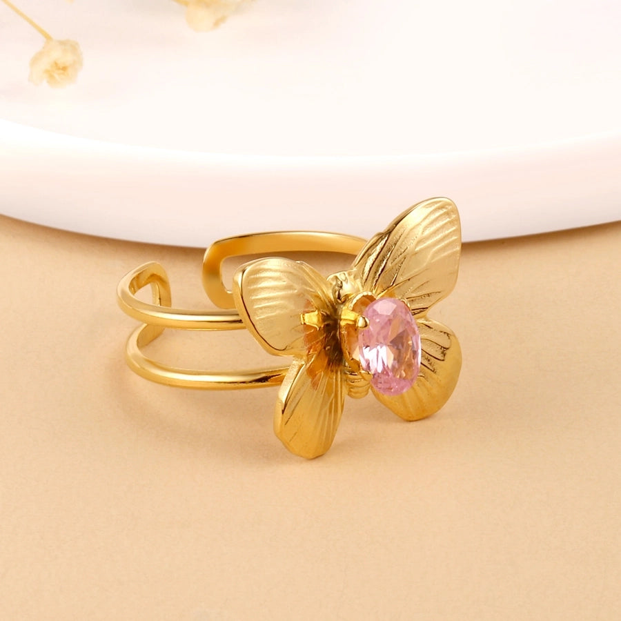 Butterfly Rhinestones Ring [304 Stainless Steel, 14K Gold Plated]