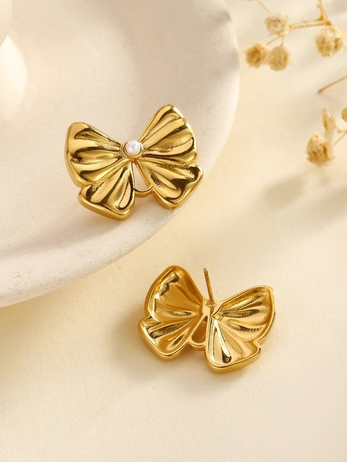 Acero inoxidable Nuevo graciosos y de moda Pearl Zircon Bow Flower Pendientes de tachuelas de altura