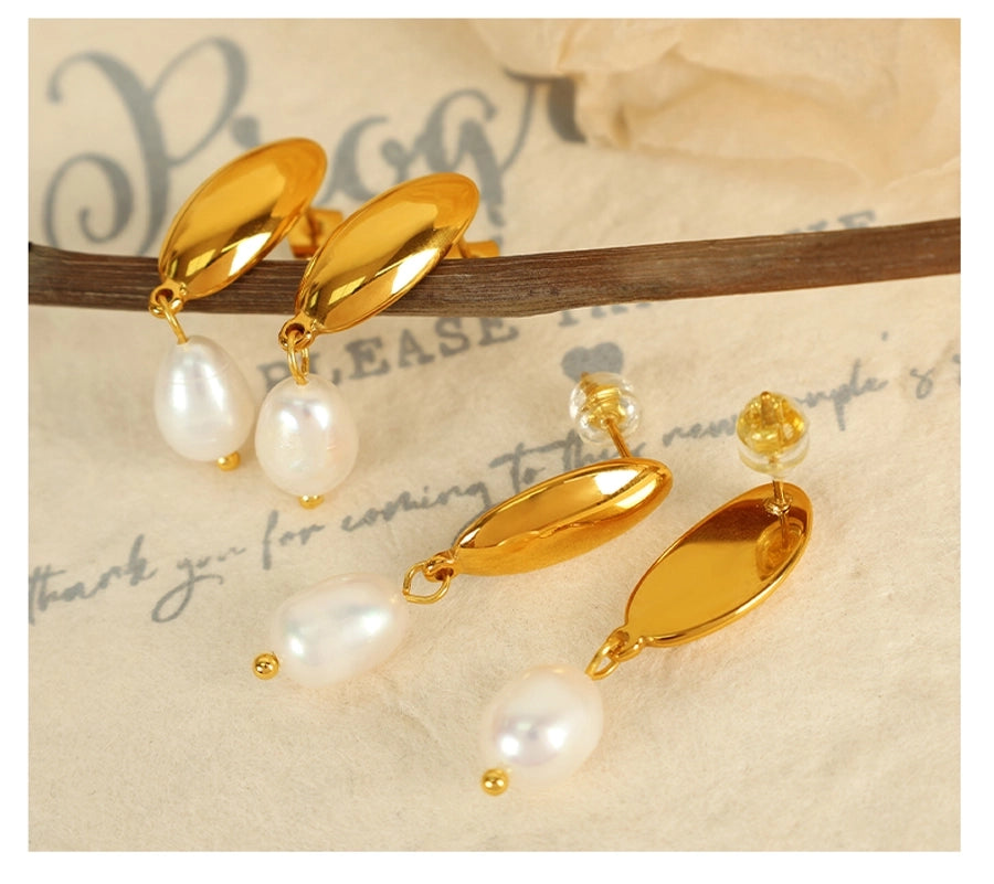 Freshwater Pearl Oval Drop Earrings [304 Stainless Steel,18K Gold Plated]