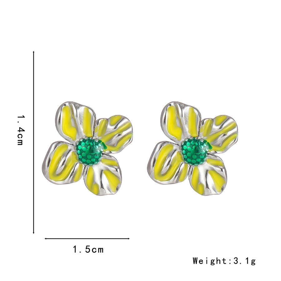 Flower Green Enamel Ear Studs [304 Stainless Steel,18K Gold Plated]