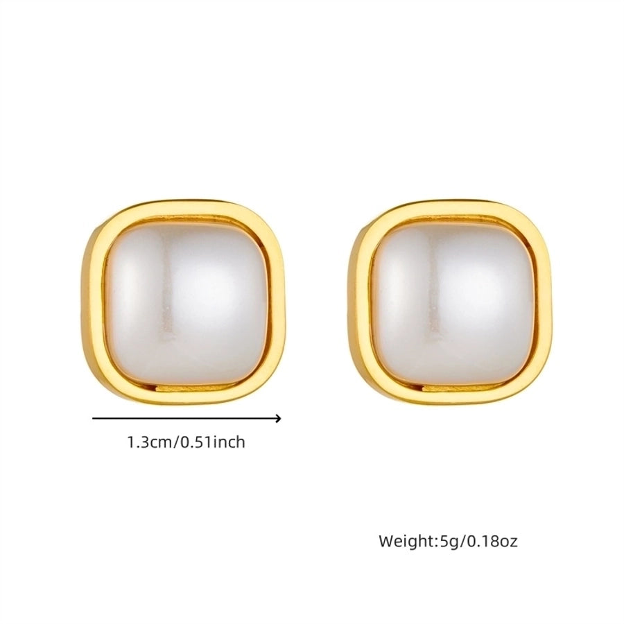 Square Pearl Stud Earrings [304 Stainless Steel, 18K Gold Plated]