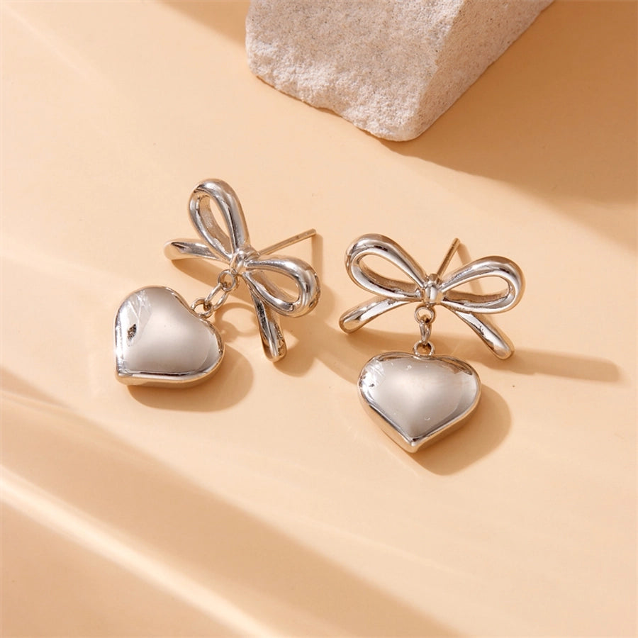 Heart Shape Bow Knot Earrings [304 Stainless Steel,18K Gold Plated]