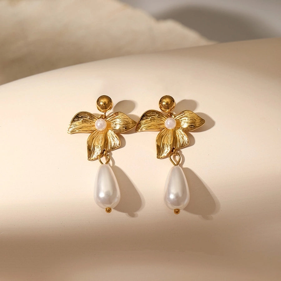 Flower Artificial Pearls Drop Earrings [304 Stainless Steel,18K Gold Plated]